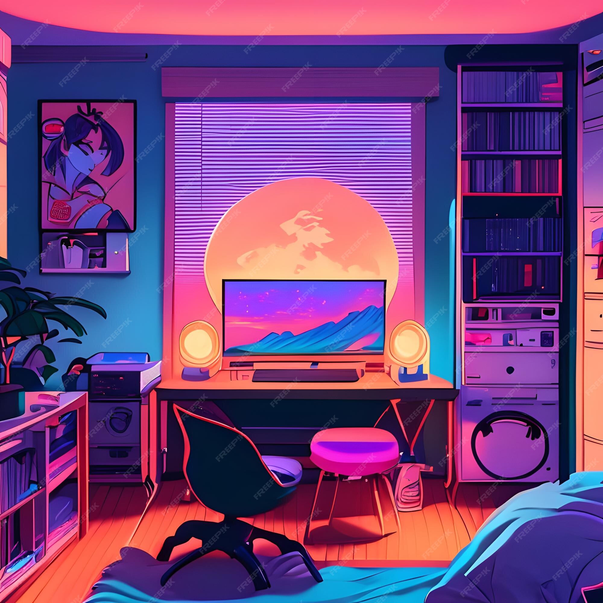 Premium AI Image | anime teenage girl room synthwave