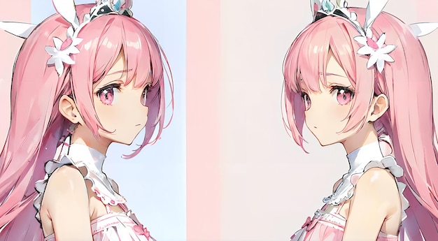 Anime twin sisters with pink hair