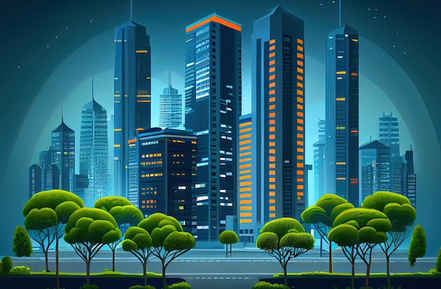 고층 빌딩과 푸른 나무가 있는 애니메이션 도시 풍경 Generative AI