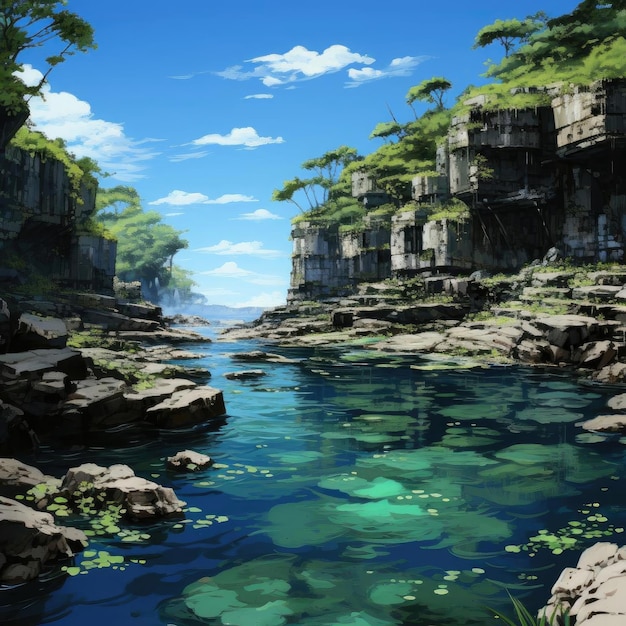 Anime valley with rocks and calm waters