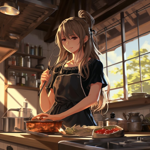 Anime vrouw koken in een keuken met een fornuis en gootsteen