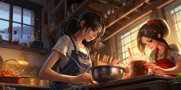 Anime vrouw koken in een keuken met een fornuis en gootsteen