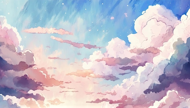 Anime watercolor landscape with a sky and colorful clouds