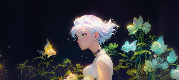 An anime white haired girl underwater