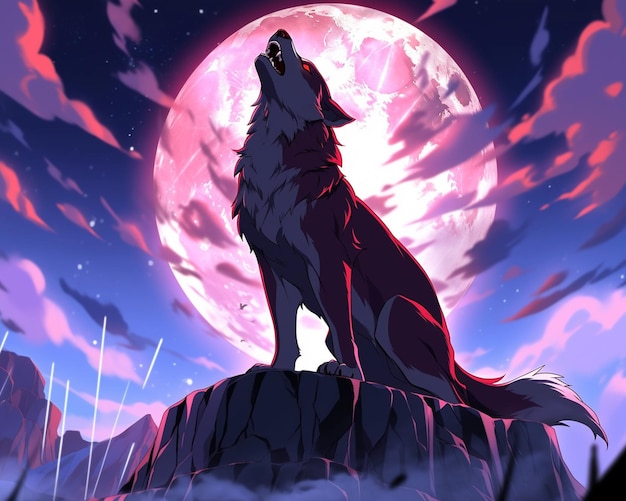 Anime wolf howling at the moon with a full moon in the background generative ai