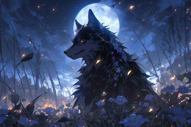 anime wolf in een veld met bloemen met een volle maan op de achtergrond generatieve ai