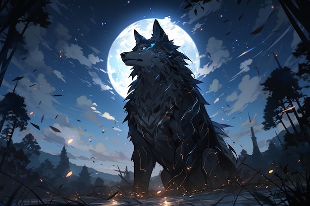 Premium AI Image  anime wolf in a field of flowers with a full moon in the  background generative ai