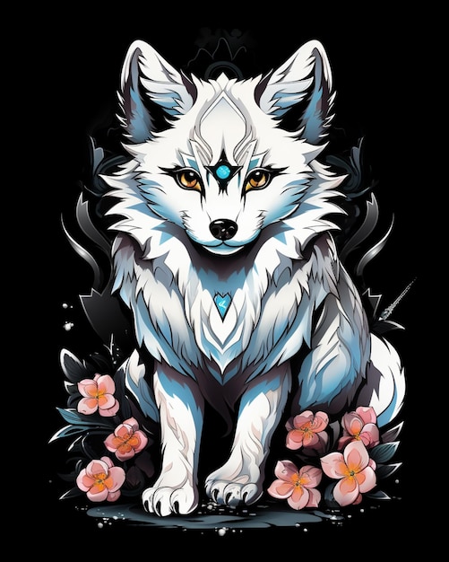 Premium AI Image  anime wolf in a field of flowers with a full moon in the  background generative ai