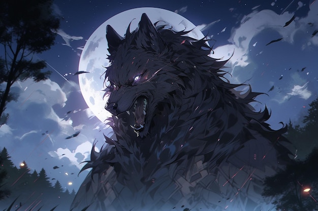 Premium AI Image  anime wolf in a field of flowers with a full moon in the  background generative ai