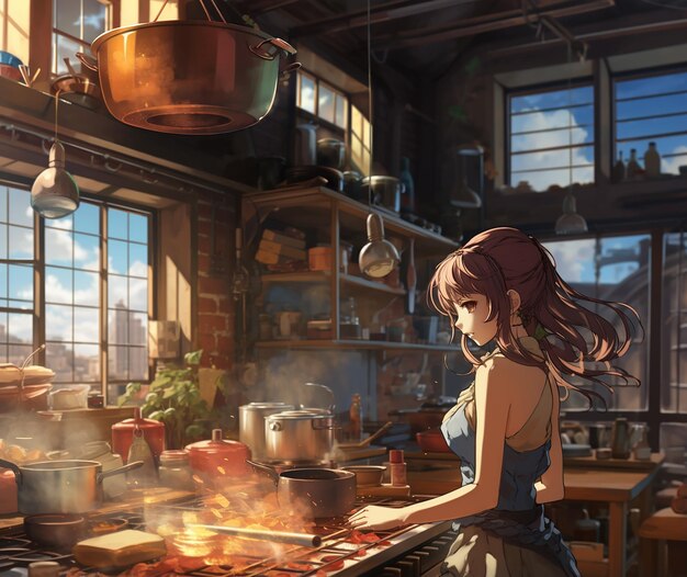 Anime woman cooking in a kitchen with a stove and sink