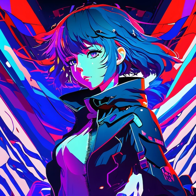 an anime woman with futuristic style and neon lights