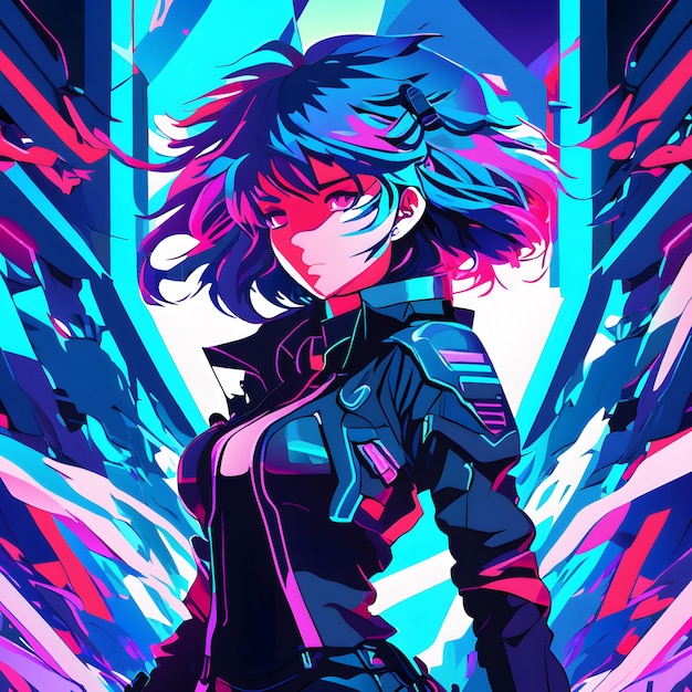 an anime woman with futuristic style and neon lights