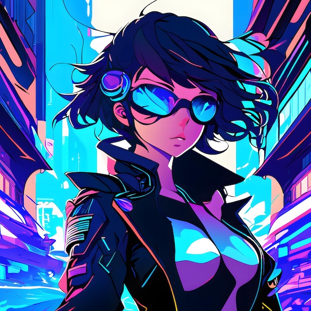 An anime woman with futuristic style and neon lights