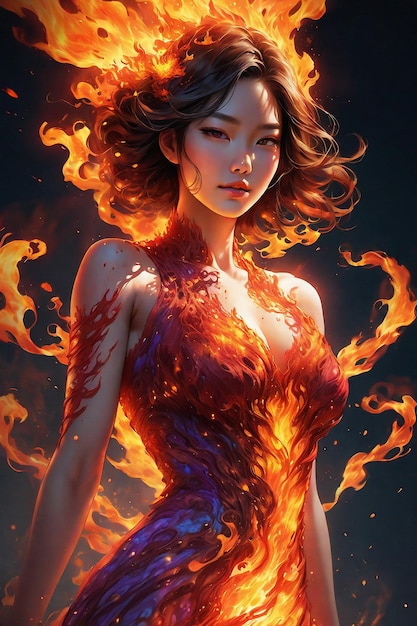 anime women in a dress made out of fire ink epic comic ai generative