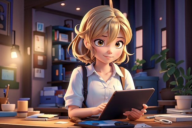 Персонаж мультфильма "Мальчик из аниме" с планшетом в руках, 3d иллюстрация