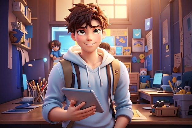 Anime Young Boy Cartoon Character with a Tablet in Hands 3d illustration