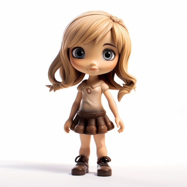 긴 갈색 머리카락을 가진 작은 소녀의 애니메이션에서 영감을 받은 3D 모델