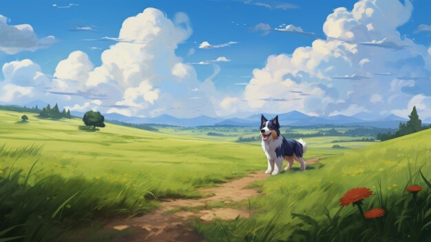 Animeinspired Dog In A Meadow With Blue Sky