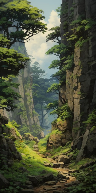애니메이션 에서 영감을 받은 산악 풍경 을 가진 숲 풍경