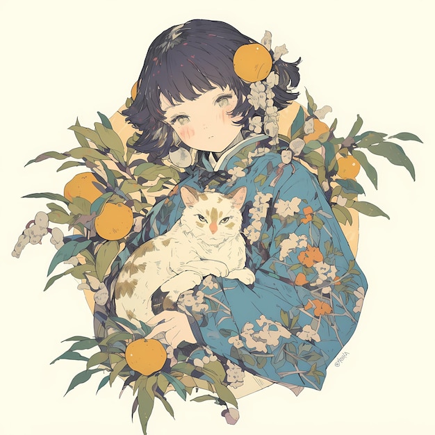 AnimeInspired Girl with Cat