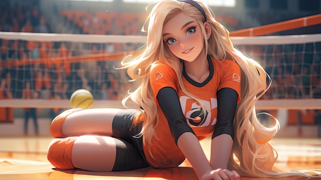 AnimeInspired Vision Japanese Kawaii Volleyball Player Transformed through Digital Art