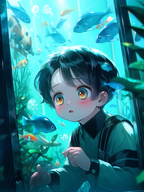 Animejongen die vissen in aquarium met groene installaties generatieve ai bekijken