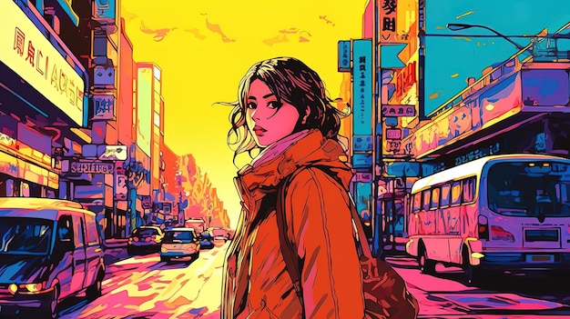 Animemanga illustration of a young girl in a big city Generative AI