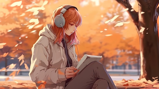 Animemanga style drawing of a young woman sitting on the grass reading and listening to music lofi