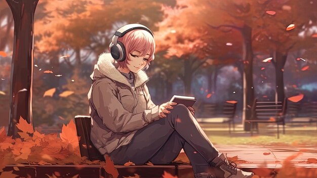 Animemanga style drawing of a young woman sitting on the grass reading and listening to music