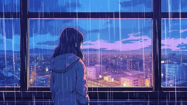 Animemanga style illustration of a young woman looking at the rain from her window