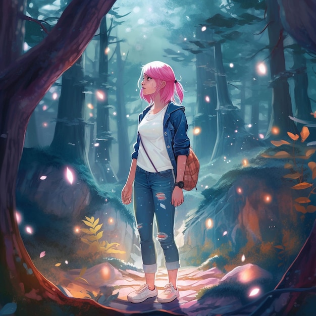 Animemeisje dat zich in een bos bevindt met een rugzak en een rugzak generatieve ai