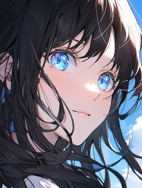 Animemeisje die met blauwe ogen de hemel generatieve ai bekijken