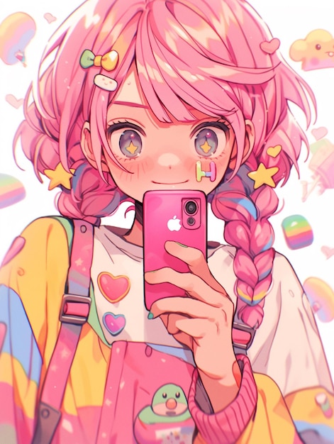 Animemeisje die met roze haar een roze telefoon generatieve ai houden