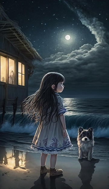 animemeisje en hond op strand bij nacht met generatieve ai van de volle maan