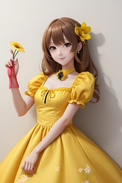 Animemeisje in een gele jurk met een bloem