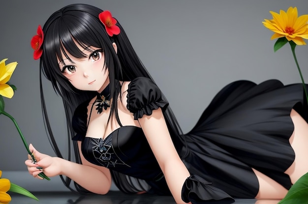 Animemeisje in een zwarte jurk met een bloem