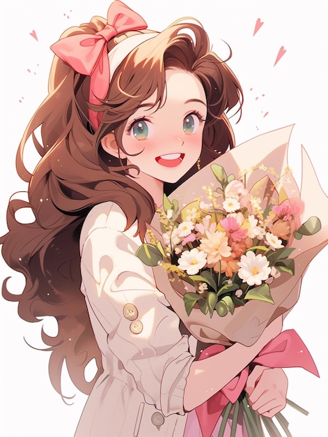 Animemeisje met een boeket bloemen in haar hand generatieve ai