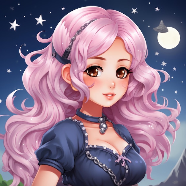 animemeisje met roze haar dat zich voor de maan bevindt