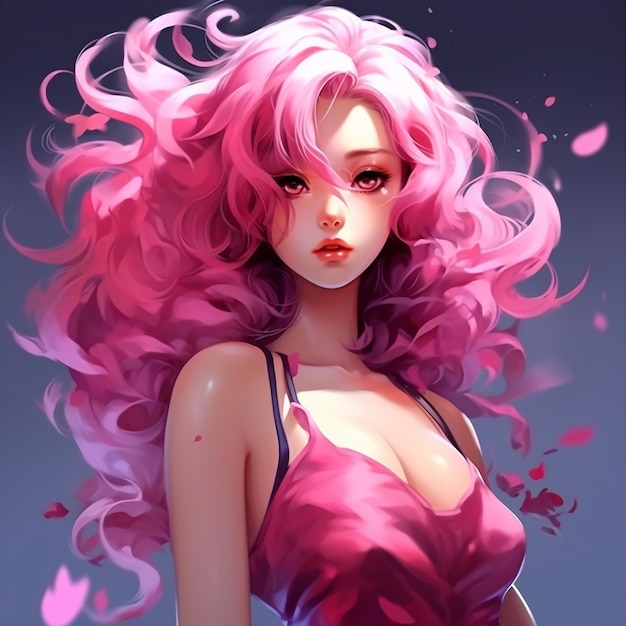 animemeisje met roze haar en roze jurk met roze bloemblaadjes generatieve ai