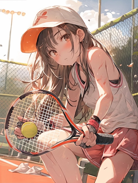 Animemeisje met tennisracket en bal op een tennisbaan generatieve ai