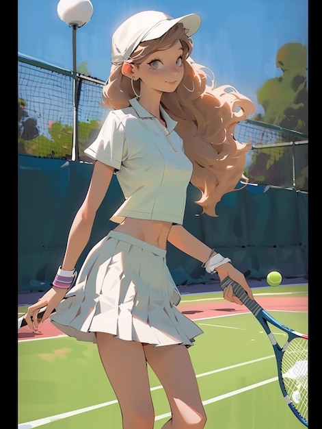 Animemeisje met tennisracket en hoed op een tennisbaan generatieve ai