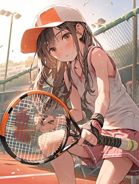 Animemeisje met tennisracket op een tennisbaan met een bal generatieve ai