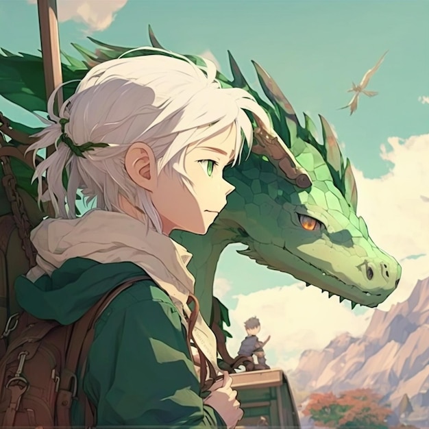 animemeisje met wit haar en groene drakenkop generatieve ai