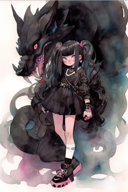 Animemeisje met zwart haar en zwarte schoenen die zich voor een draak generatieve ai bevinden