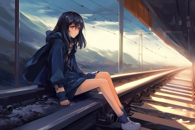 Animemeisje op de treinrails