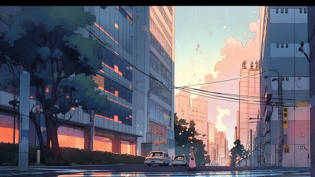Animescène van een stadsstraat met een auto en een persoon die generatieve ai op de stoep loopt