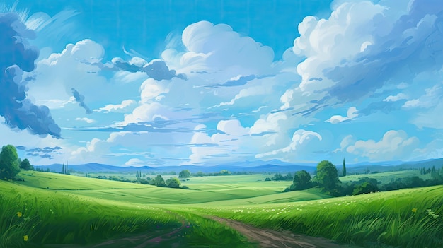 Animestyle artwork of serene pastoral scenes Fields clouds and dirt paths come to life in richly detailed Ai Generated