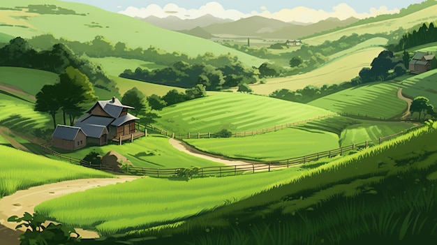 なだらかな緑の丘の牧歌的な風景を特徴とするアニメスタイルのデスクトップの背景