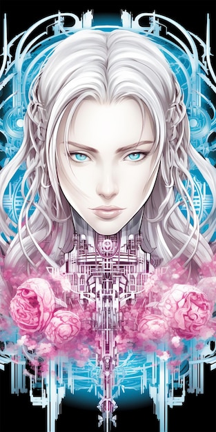 AI によって生成されたピンクブルーの背景に青い目の金髪の女の子のアニメスタイルの描画