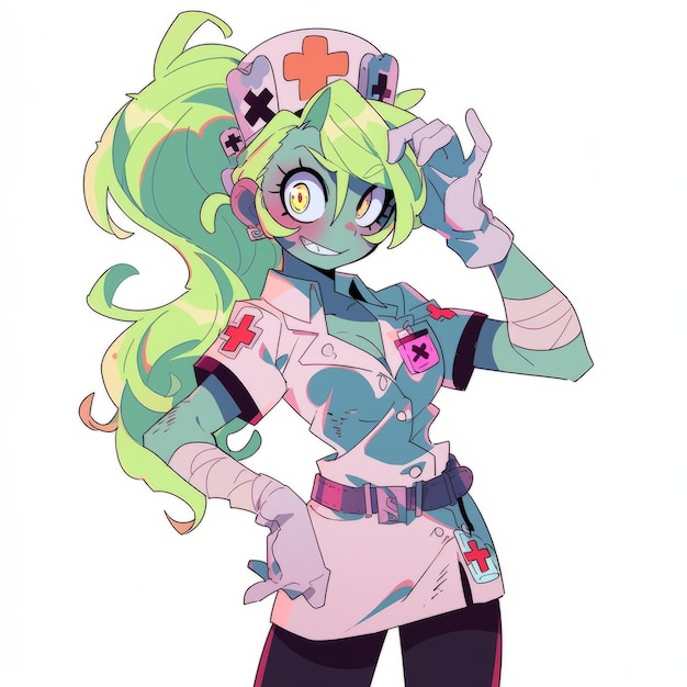 Animestyle Female Doctor Zombie Character on White Background Generative AI